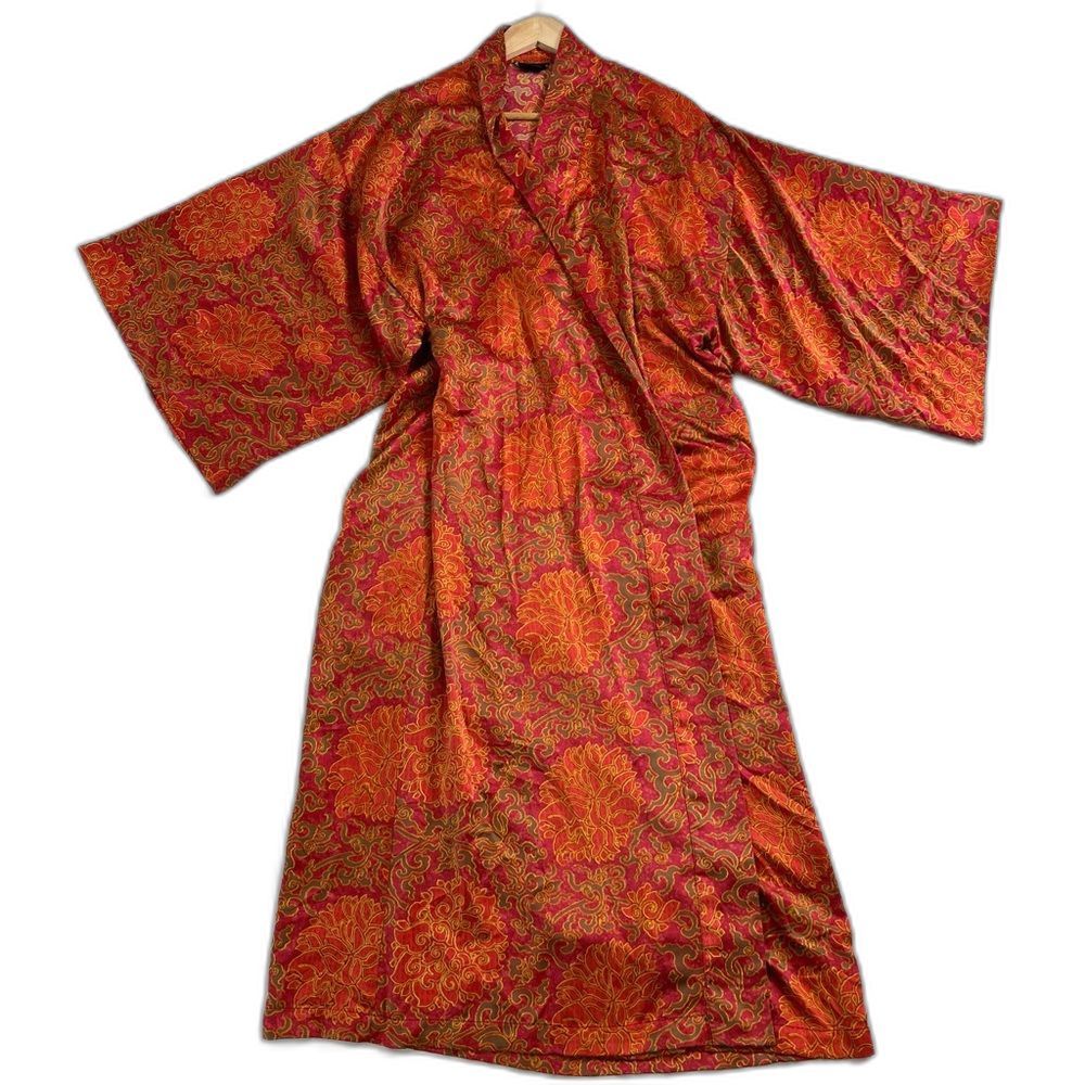 Natori Women's Medium Floral Kimono Style Long Robe Silky Half Sleeve Red Orange